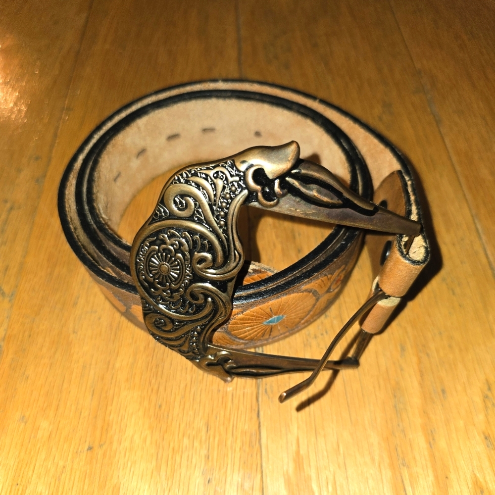 Brown Leather Belt with Ornate Buckle Mens Size 38 Sweet Custom Belt